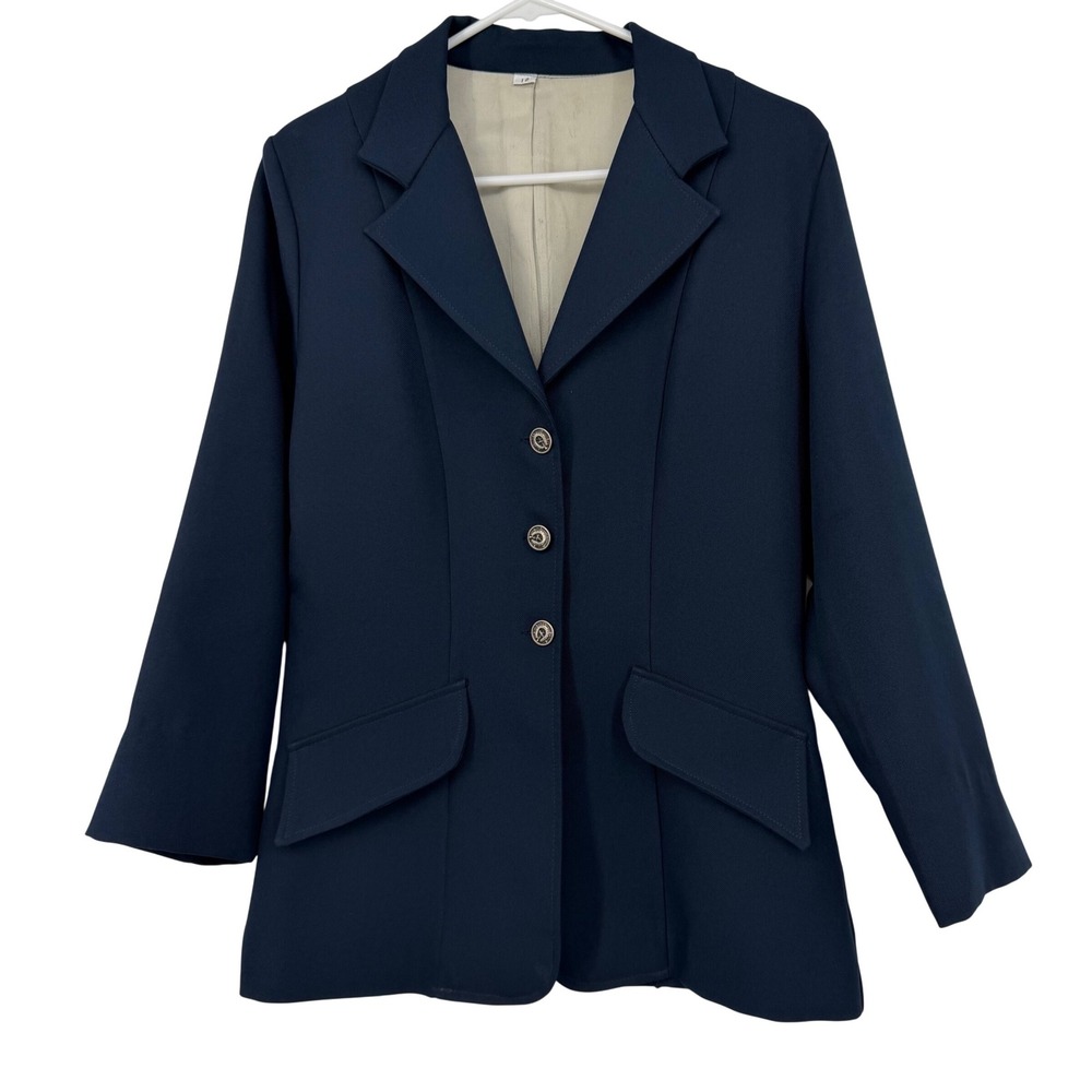Vintage Navy Blue Equestrian Blazer Horseshoe Gold Buttons Size 12 Dark Academia